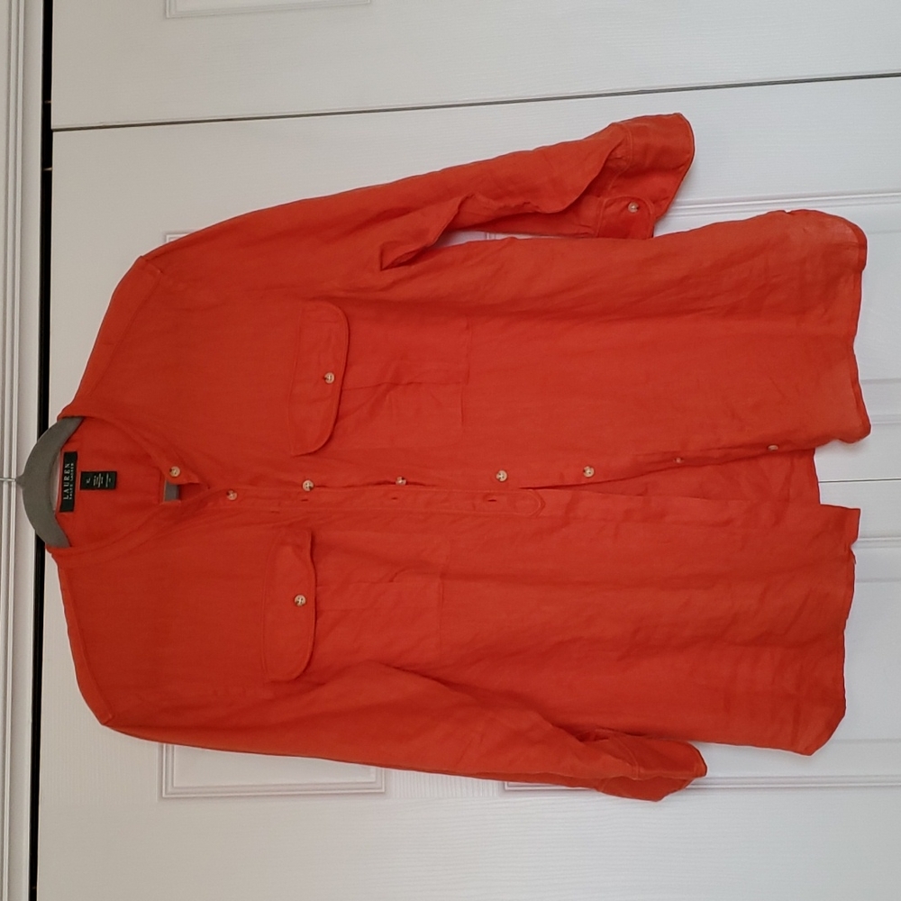 Lauren Ralph Lauren orange linen button up blouse size xl euc